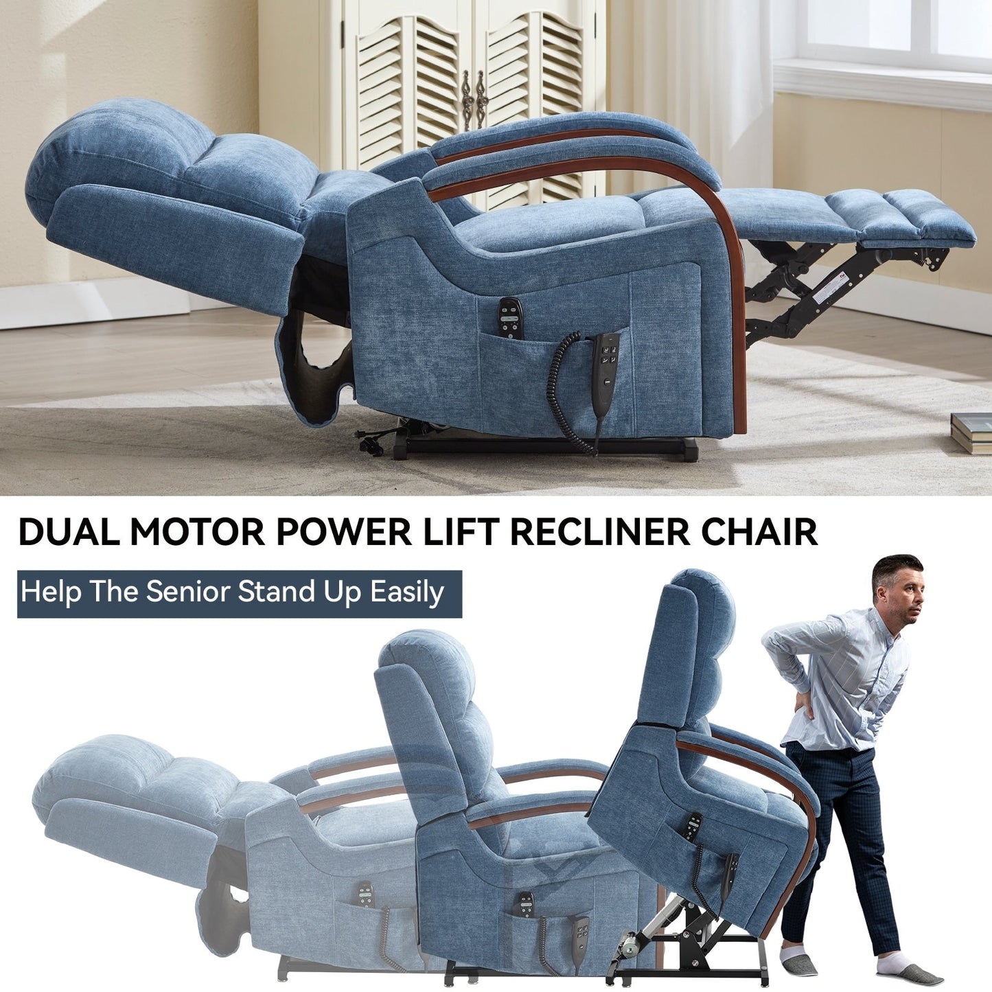 Electric Chenille Lift Recliner with Dual Motors, Infinite Recline Positions, Heat & 8-Point Massage, Solid Wood Armrests