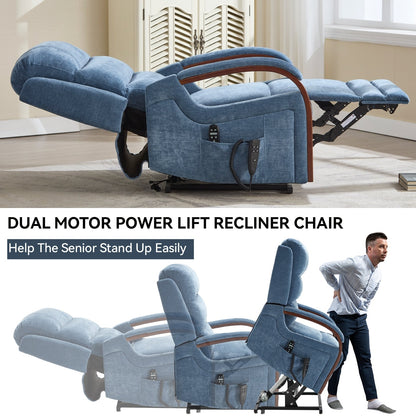 Electric Chenille Lift Recliner with Dual Motors, Infinite Recline Positions, Heat & 8-Point Massage, Solid Wood Armrests