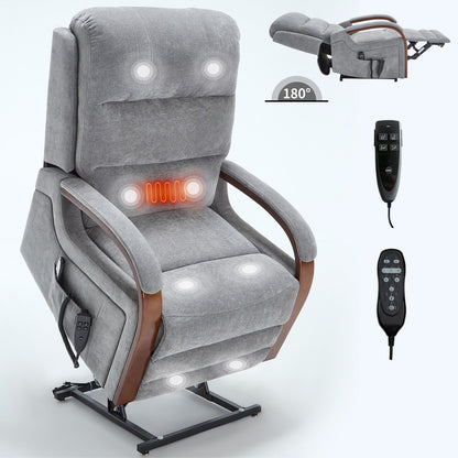 Electric Chenille Lift Recliner with Dual Motors, Infinite Recline Positions, Heat & 8-Point Massage, Solid Wood Armrests