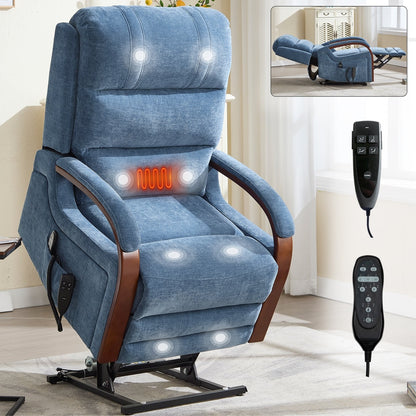 Electric Chenille Lift Recliner with Dual Motors, Infinite Recline Positions, Heat & 8-Point Massage, Solid Wood Armrests