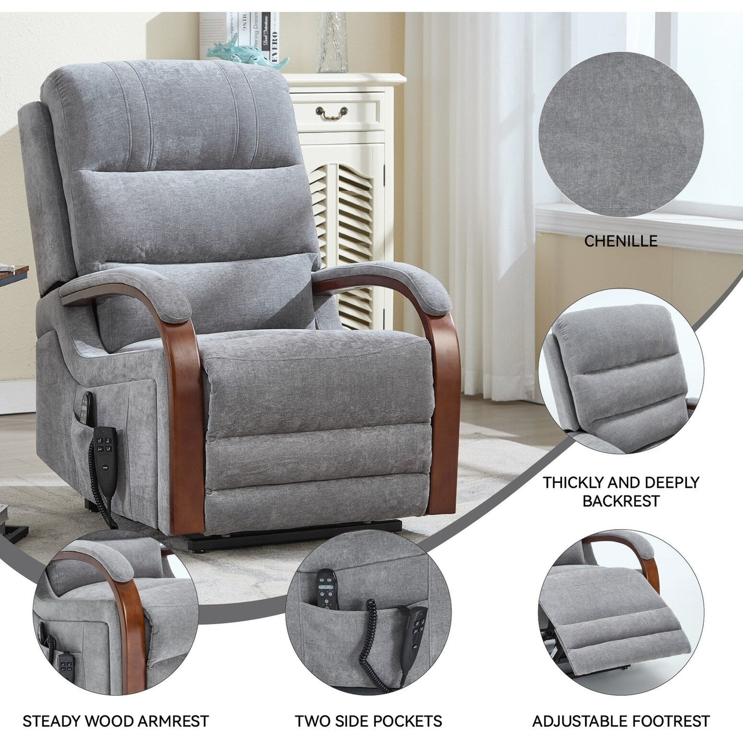 Electric Chenille Lift Recliner with Dual Motors, Infinite Recline Positions, Heat & 8-Point Massage, Solid Wood Armrests