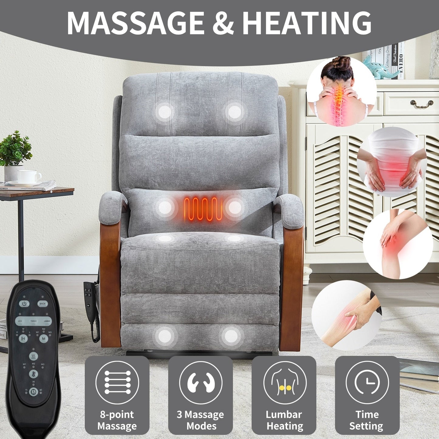 Electric Chenille Lift Recliner with Dual Motors, Infinite Recline Positions, Heat & 8-Point Massage, Solid Wood Armrests