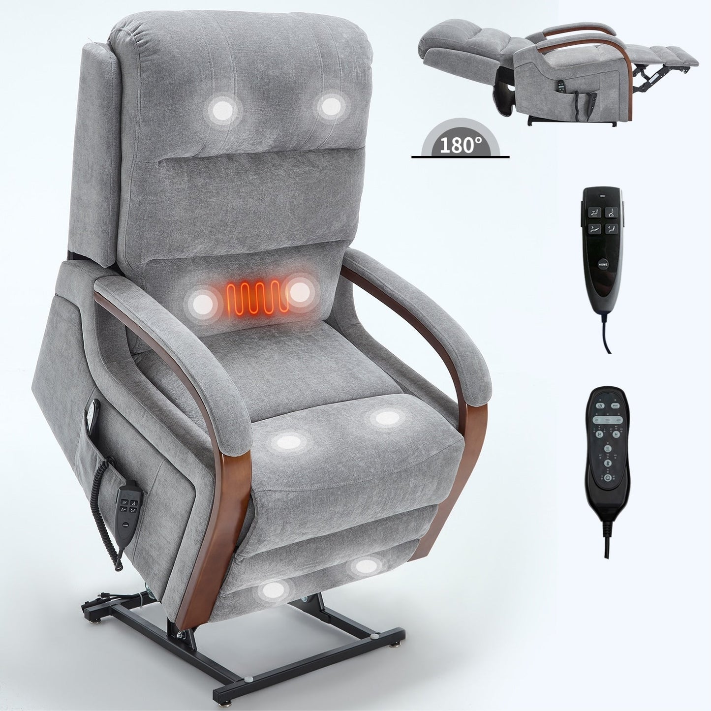 Electric Chenille Lift Recliner with Dual Motors, Infinite Recline Positions, Heat & 8-Point Massage, Solid Wood Armrests