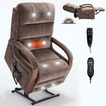 Electric Chenille Lift Recliner with Dual Motors, Infinite Recline Positions, Heat & 8-Point Massage, Solid Wood Armrests