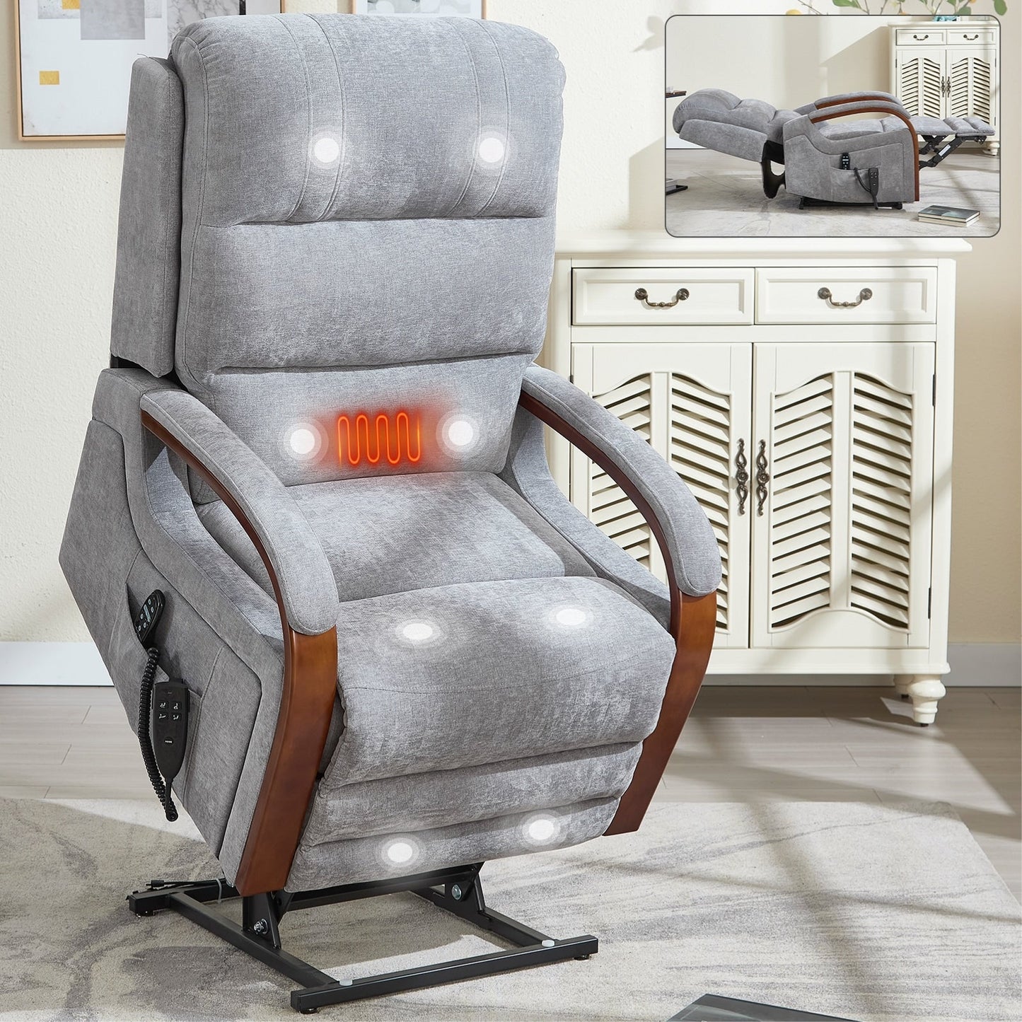 Electric Chenille Lift Recliner with Dual Motors, Infinite Recline Positions, Heat & 8-Point Massage, Solid Wood Armrests