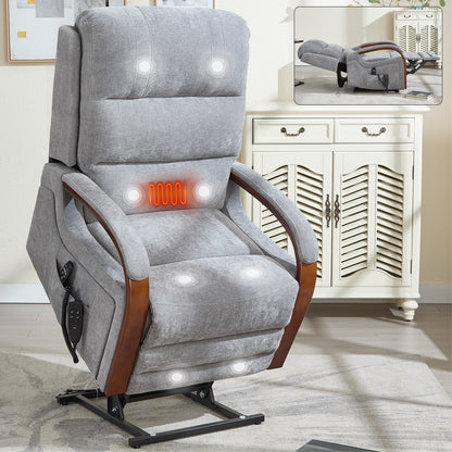 Electric Chenille Lift Recliner with Dual Motors, Infinite Recline Positions, Heat & 8-Point Massage, Solid Wood Armrests