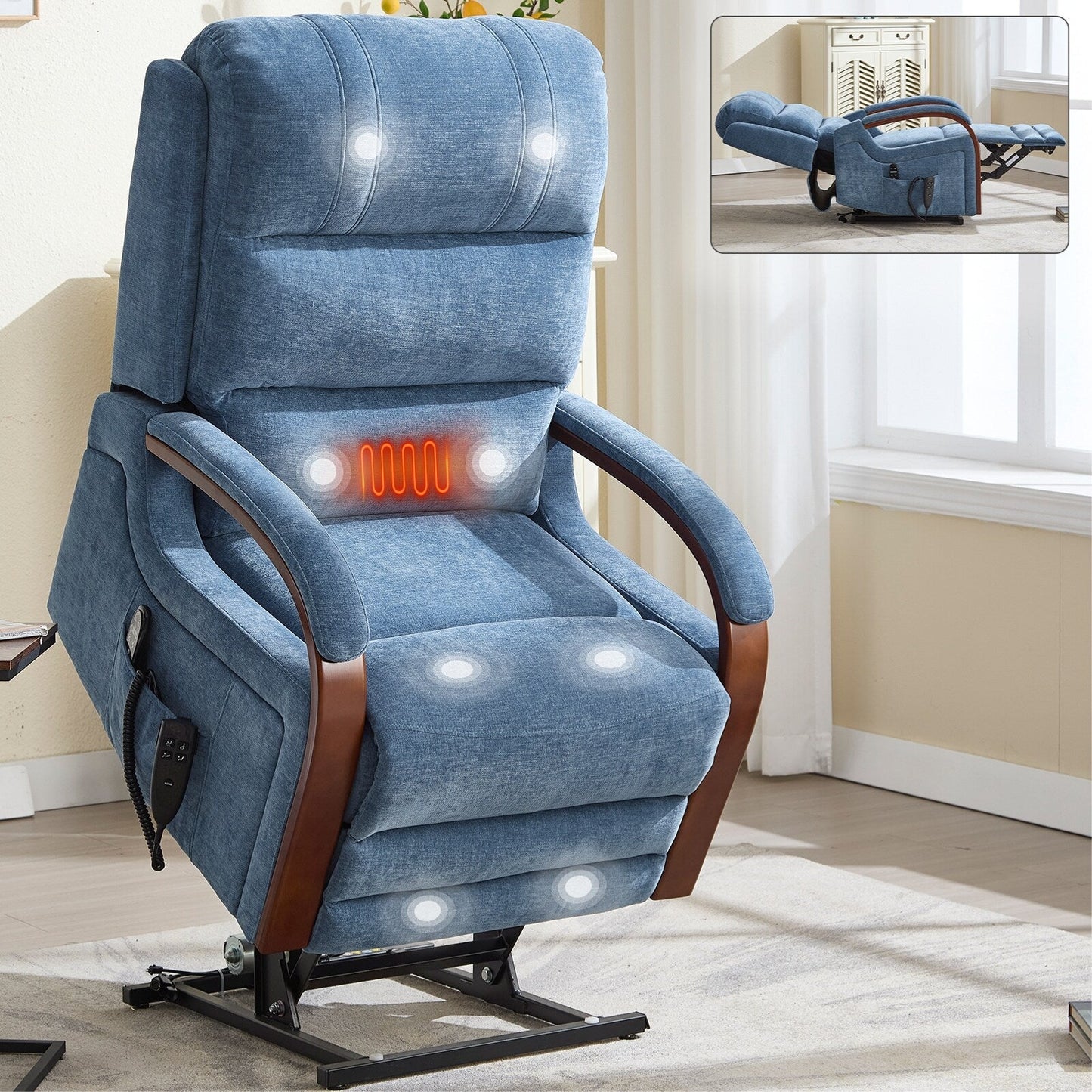 Electric Chenille Lift Recliner with Dual Motors, Infinite Recline Positions, Heat & 8-Point Massage, Solid Wood Armrests
