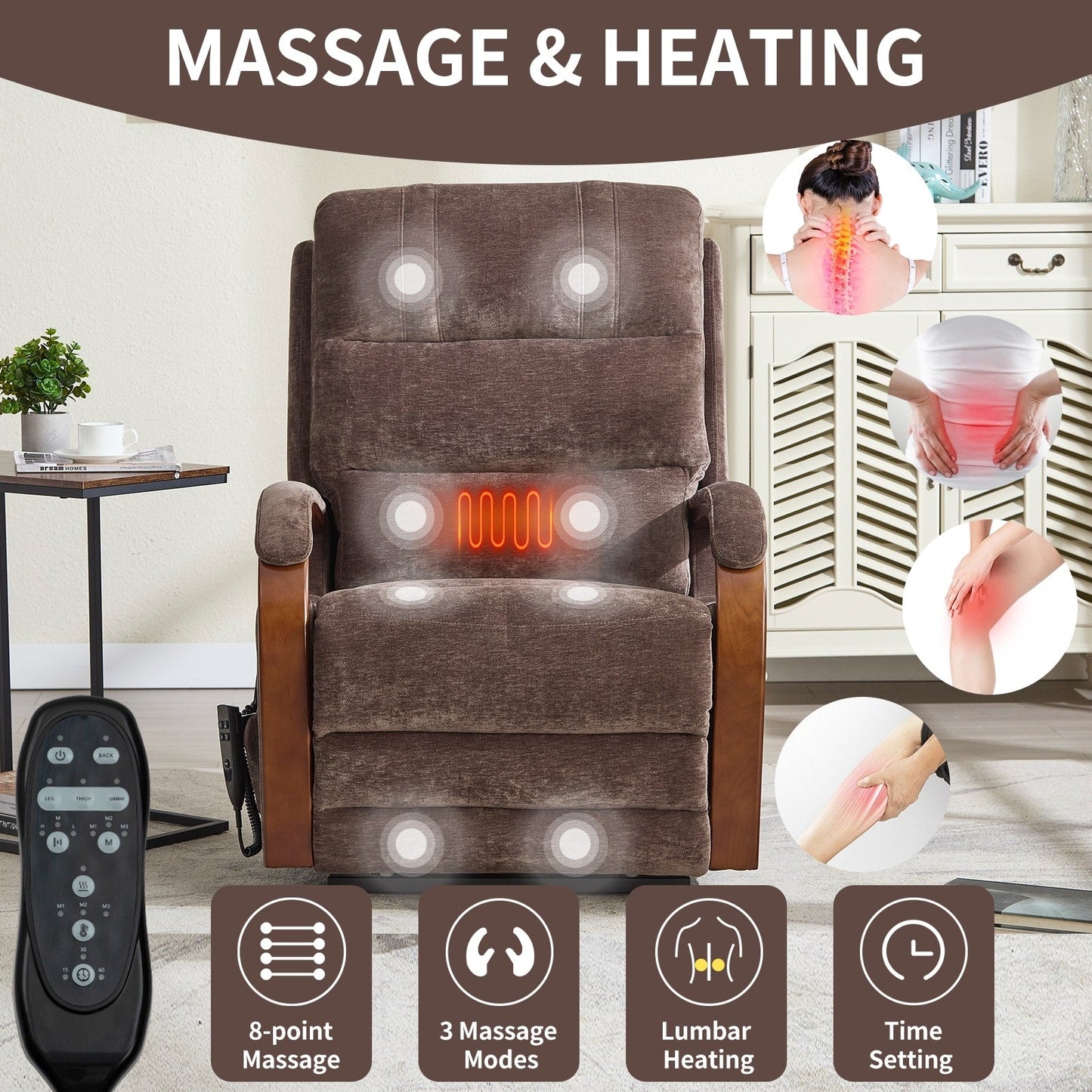 Electric Chenille Lift Recliner with Dual Motors, Infinite Recline Positions, Heat & 8-Point Massage, Solid Wood Armrests