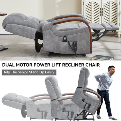 Electric Chenille Lift Recliner with Dual Motors, Infinite Recline Positions, Heat & 8-Point Massage, Solid Wood Armrests