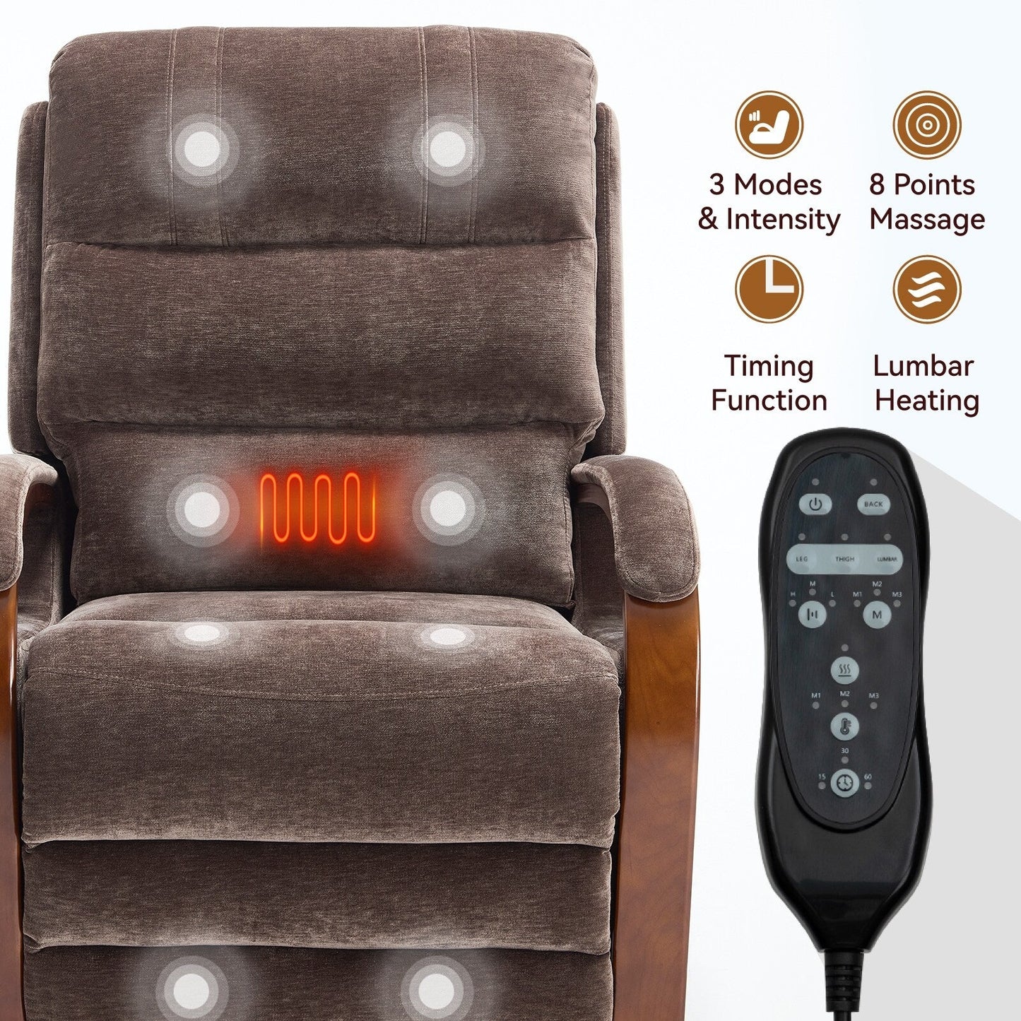 Electric Chenille Lift Recliner with Dual Motors, Infinite Recline Positions, Heat & 8-Point Massage, Solid Wood Armrests