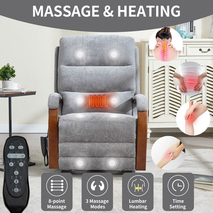 Electric Chenille Lift Recliner with Dual Motors, Infinite Recline Positions, Heat & 8-Point Massage, Solid Wood Armrests