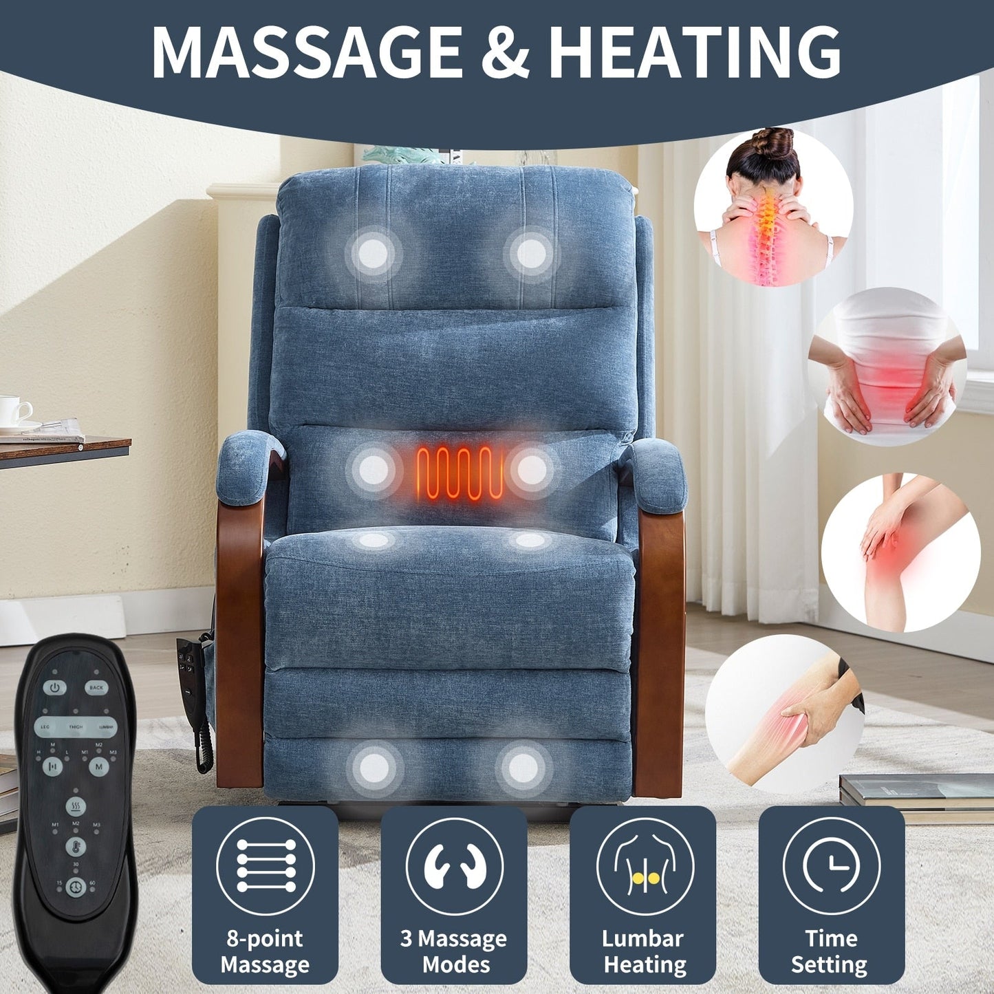 Electric Chenille Lift Recliner with Dual Motors, Infinite Recline Positions, Heat & 8-Point Massage, Solid Wood Armrests