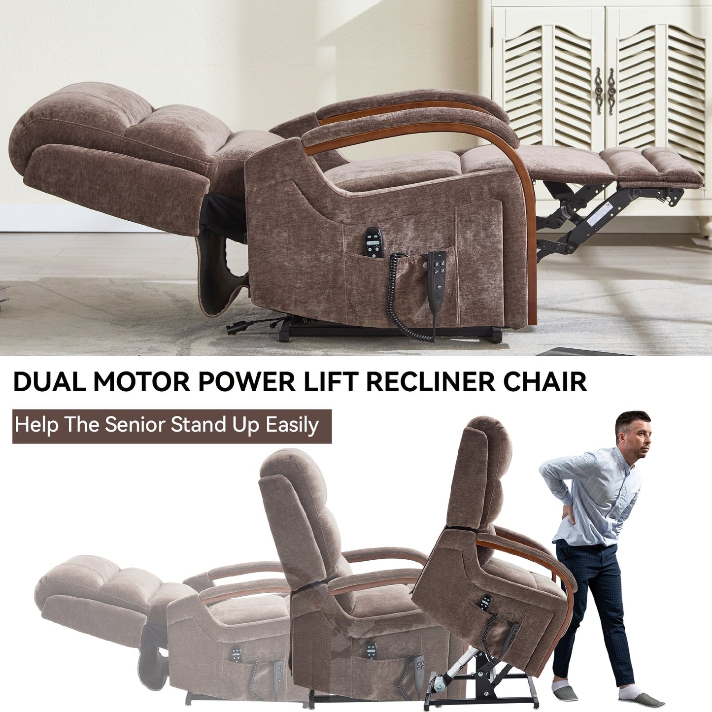 Electric Chenille Lift Recliner with Dual Motors, Infinite Recline Positions, Heat & 8-Point Massage, Solid Wood Armrests