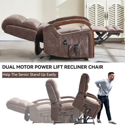 Electric Chenille Lift Recliner with Dual Motors, Infinite Recline Positions, Heat & 8-Point Massage, Solid Wood Armrests