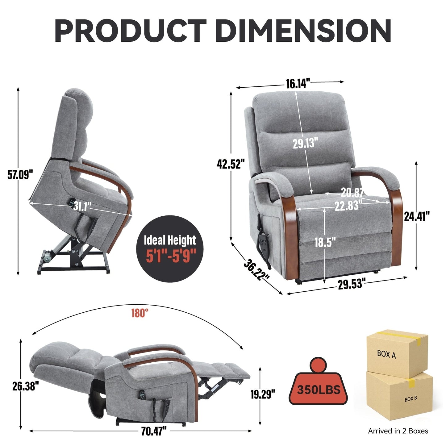 Electric Chenille Lift Recliner with Dual Motors, Infinite Recline Positions, Heat & 8-Point Massage, Solid Wood Armrests