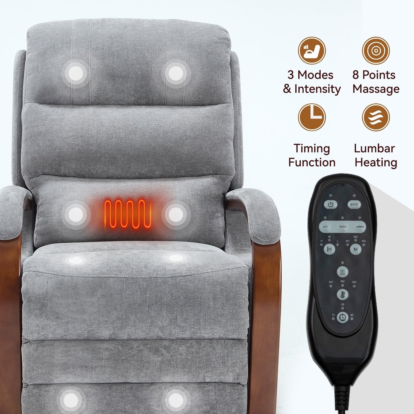 Electric Chenille Lift Recliner with Dual Motors, Infinite Recline Positions, Heat & 8-Point Massage, Solid Wood Armrests