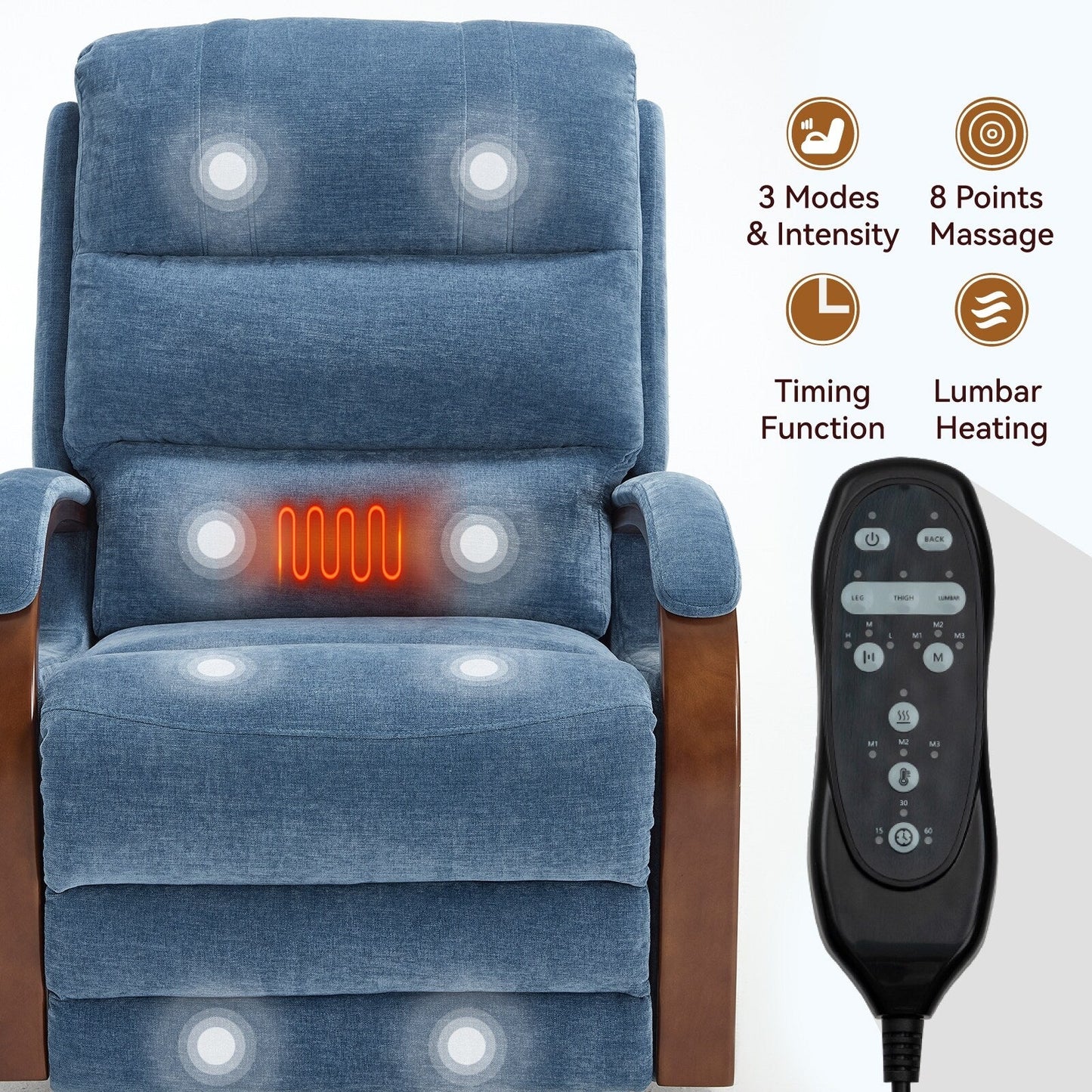 Electric Chenille Lift Recliner with Dual Motors, Infinite Recline Positions, Heat & 8-Point Massage, Solid Wood Armrests