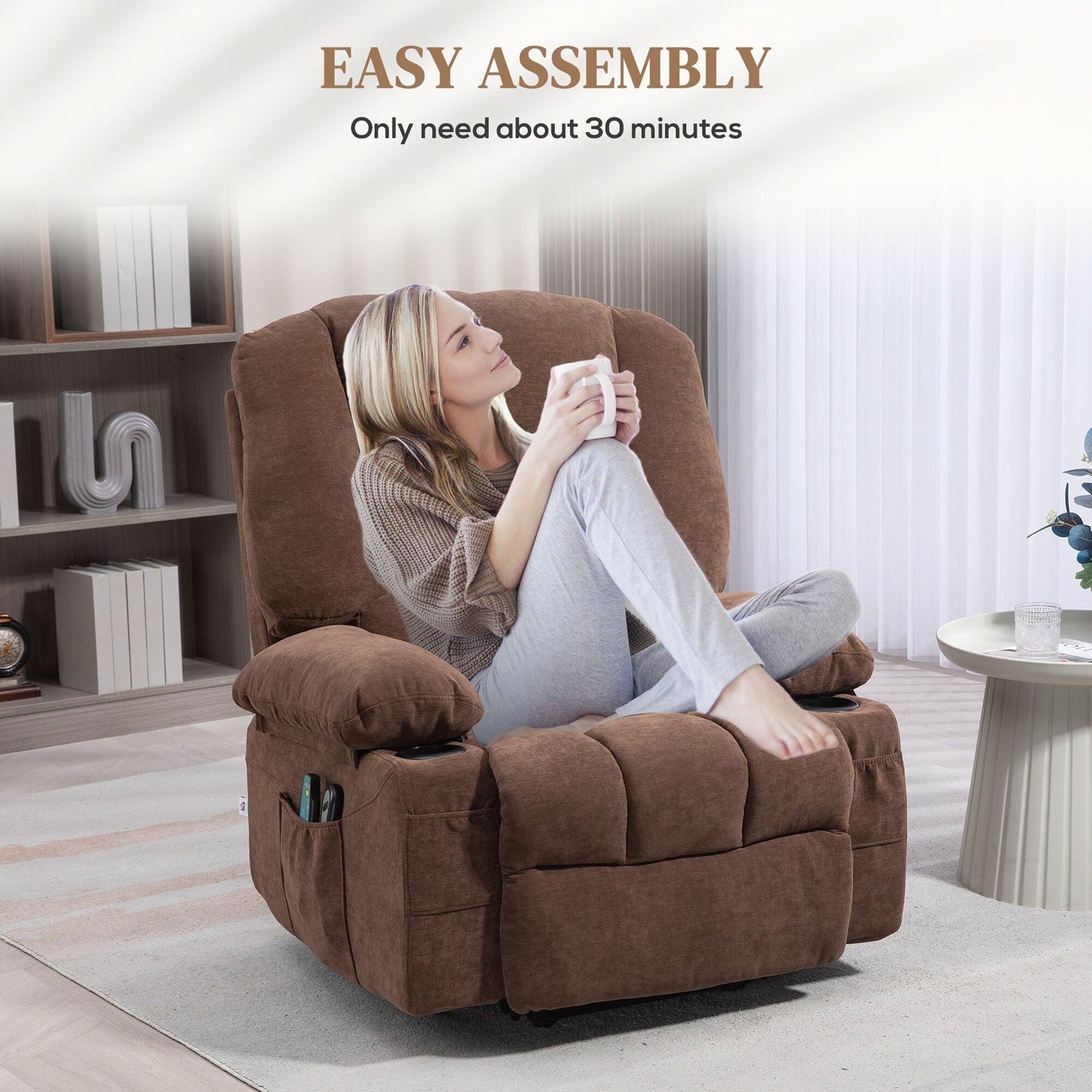 Electric Lift Massage Heating Recliner Single Fabric Sofa with Remote, Side Pockets and Cup Holders for Seniors
