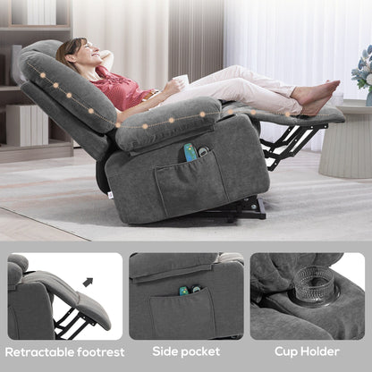 Electric Lift Massage Heating Recliner Single Fabric Sofa with Remote, Side Pockets and Cup Holders for Seniors