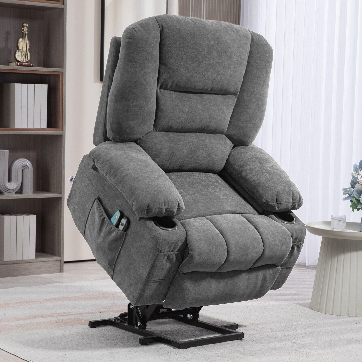 Electric Lift Massage Heating Recliner Single Fabric Sofa with Remote, Side Pockets and Cup Holders for Seniors