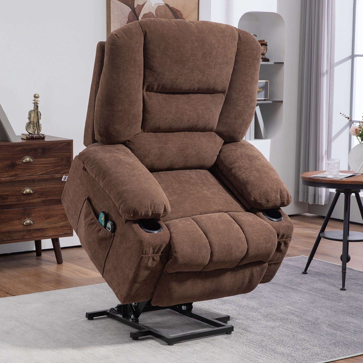 Electric Lift Massage Heating Recliner Single Fabric Sofa with Remote, Side Pockets and Cup Holders for Seniors