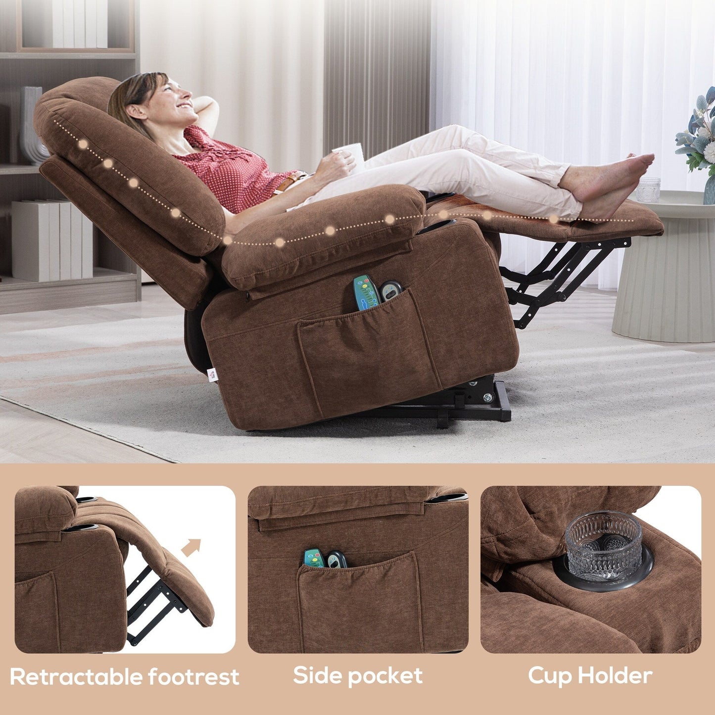 Electric Lift Massage Heating Recliner Single Fabric Sofa with Remote, Side Pockets and Cup Holders for Seniors