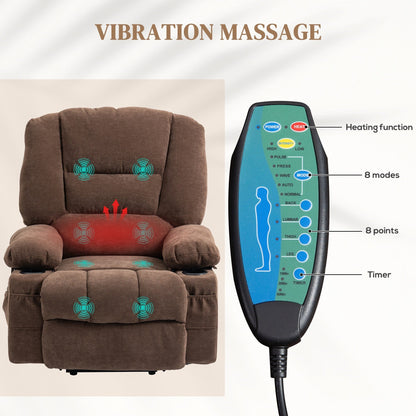 Electric Lift Massage Heating Recliner Single Fabric Sofa with Remote, Side Pockets and Cup Holders for Seniors