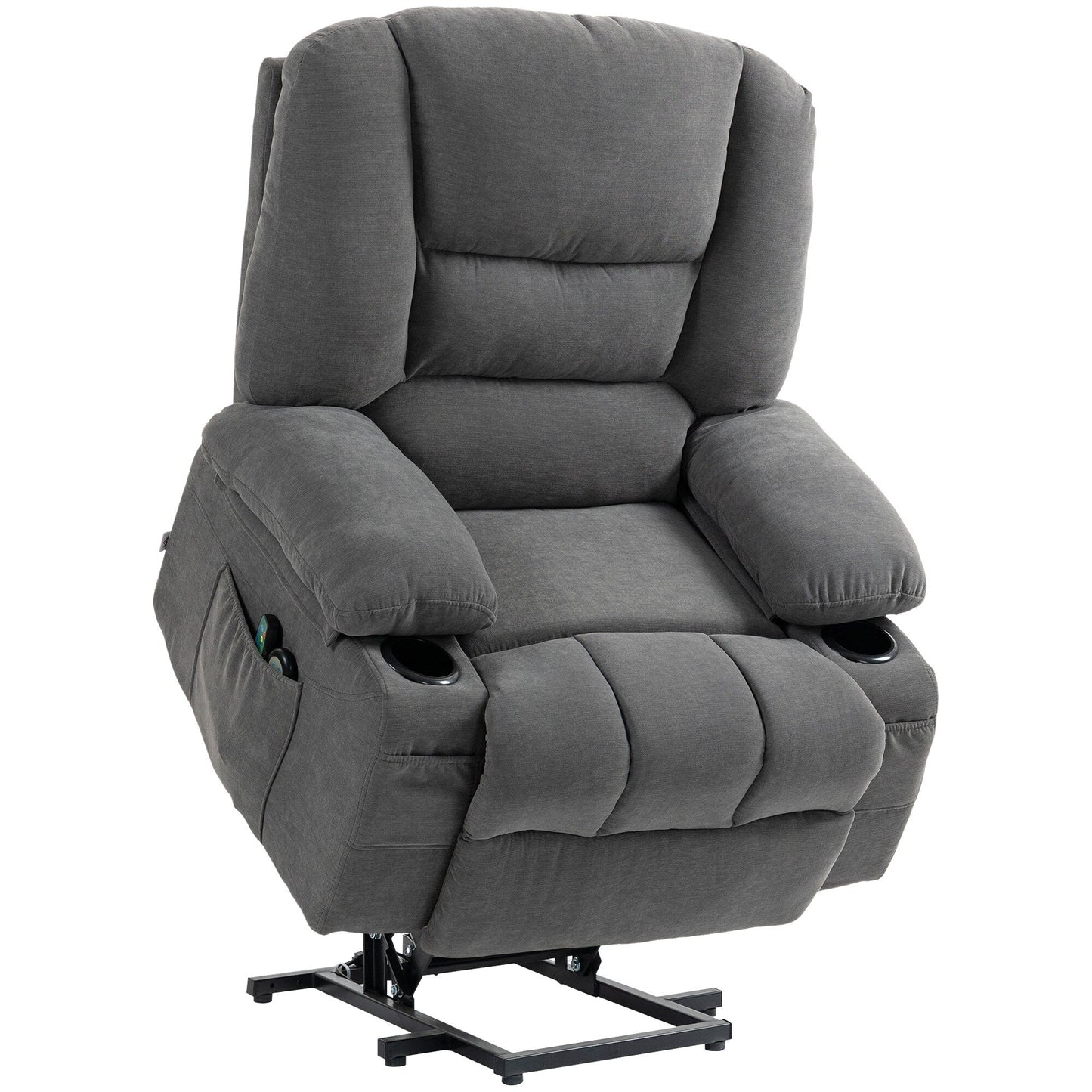 Electric Lift Massage Heating Recliner Single Fabric Sofa with Remote, Side Pockets and Cup Holders for Seniors
