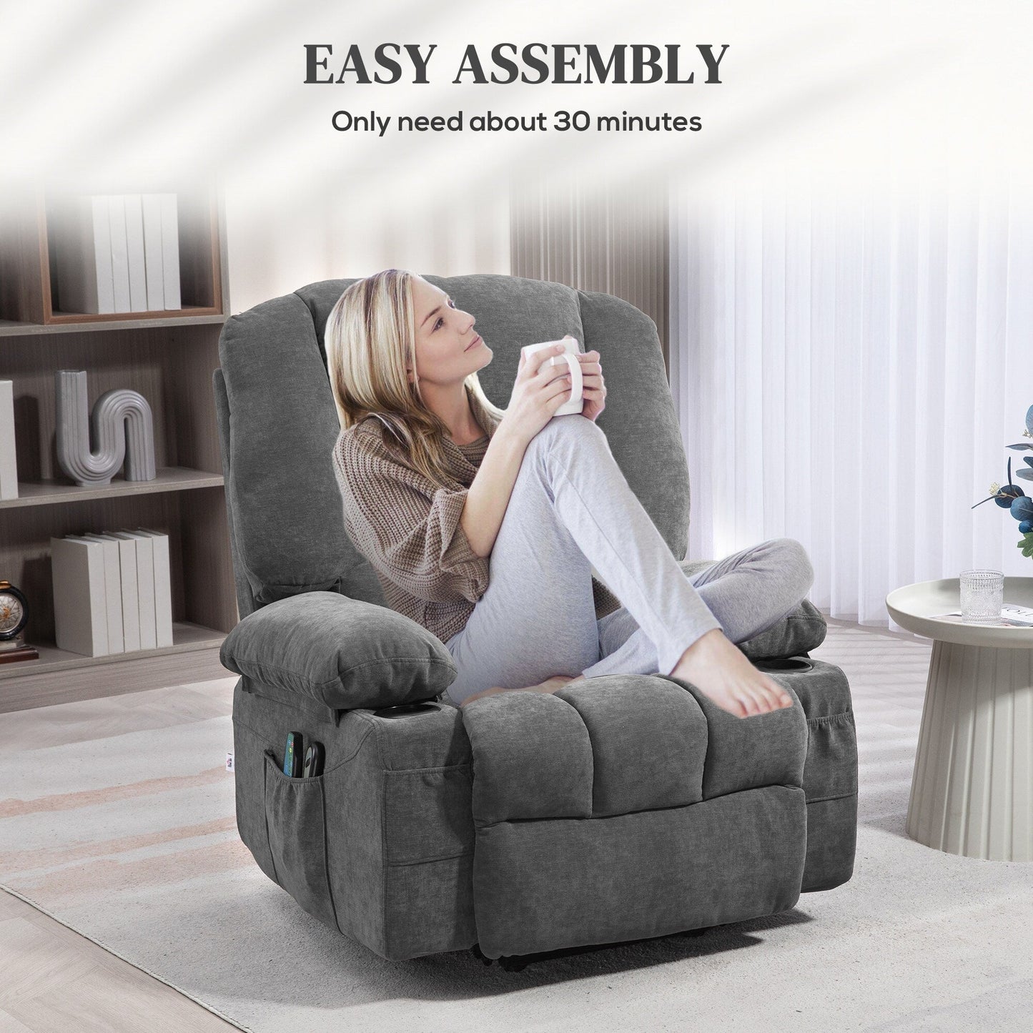 Electric Lift Massage Heating Recliner Single Fabric Sofa with Remote, Side Pockets and Cup Holders for Seniors