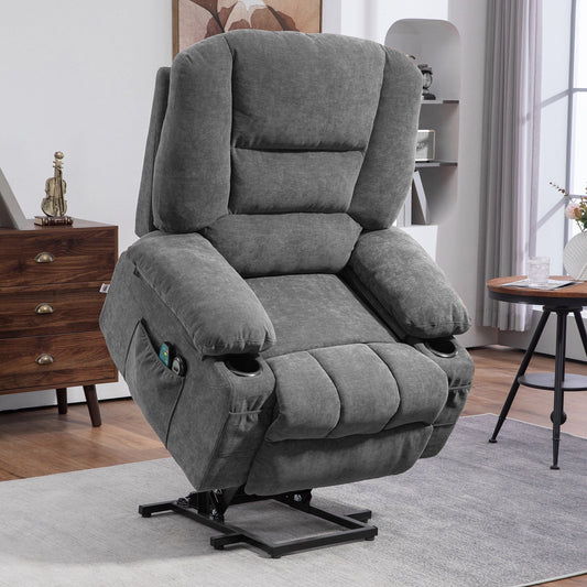 Electric Lift Massage Heating Recliner Single Fabric Sofa with Remote, Side Pockets and Cup Holders for Seniors
