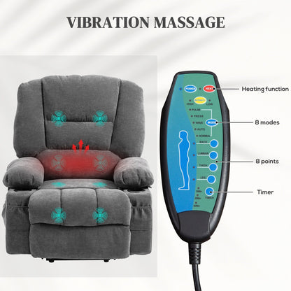 Electric Lift Massage Heating Recliner Single Fabric Sofa with Remote, Side Pockets and Cup Holders for Seniors
