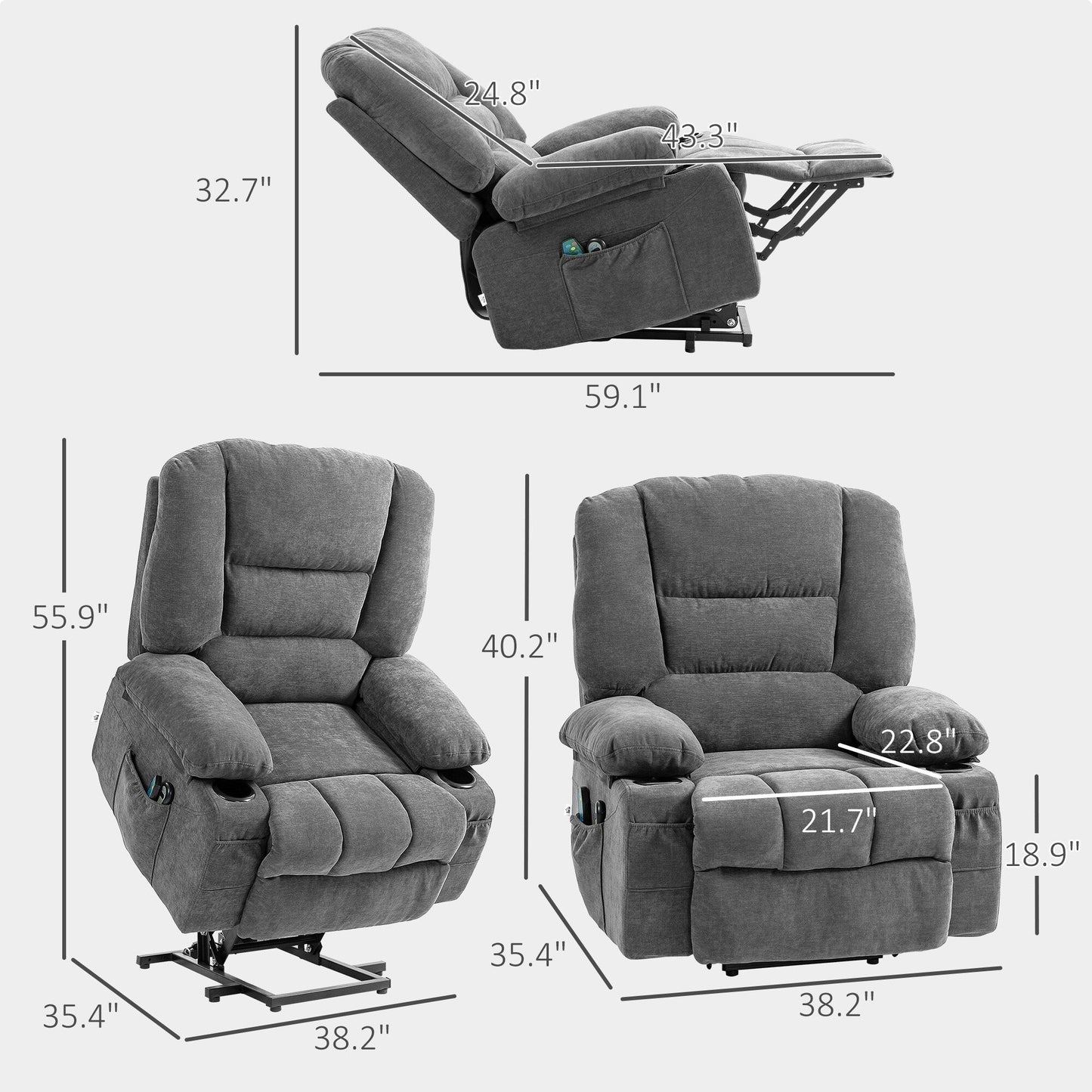 Electric Lift Massage Heating Recliner Single Fabric Sofa with Remote, Side Pockets and Cup Holders for Seniors
