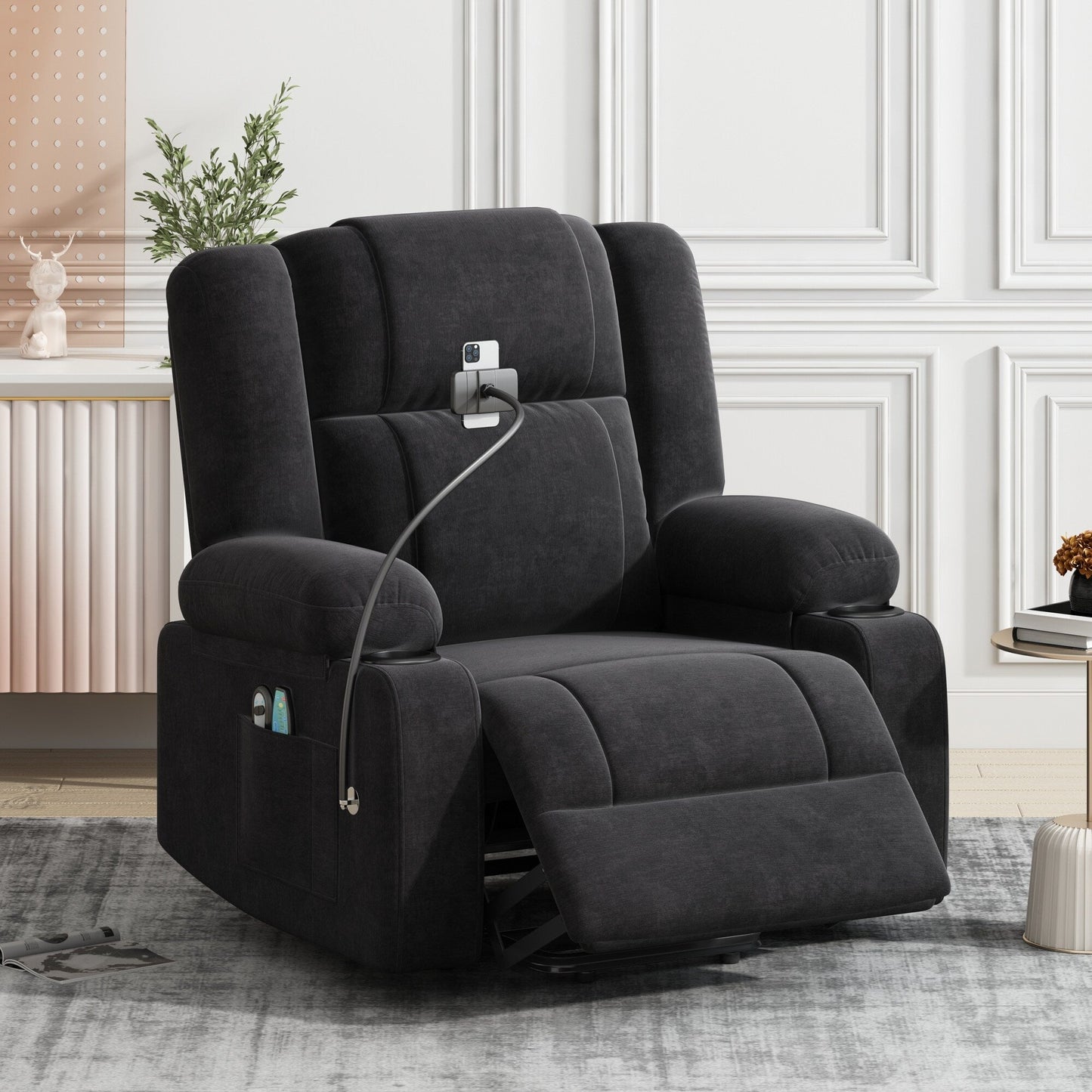 Electric Lift Recliner featuring Massage, Heating, Cup Holders & 360Â° Swivel Phone Stand with Adjustable Recline