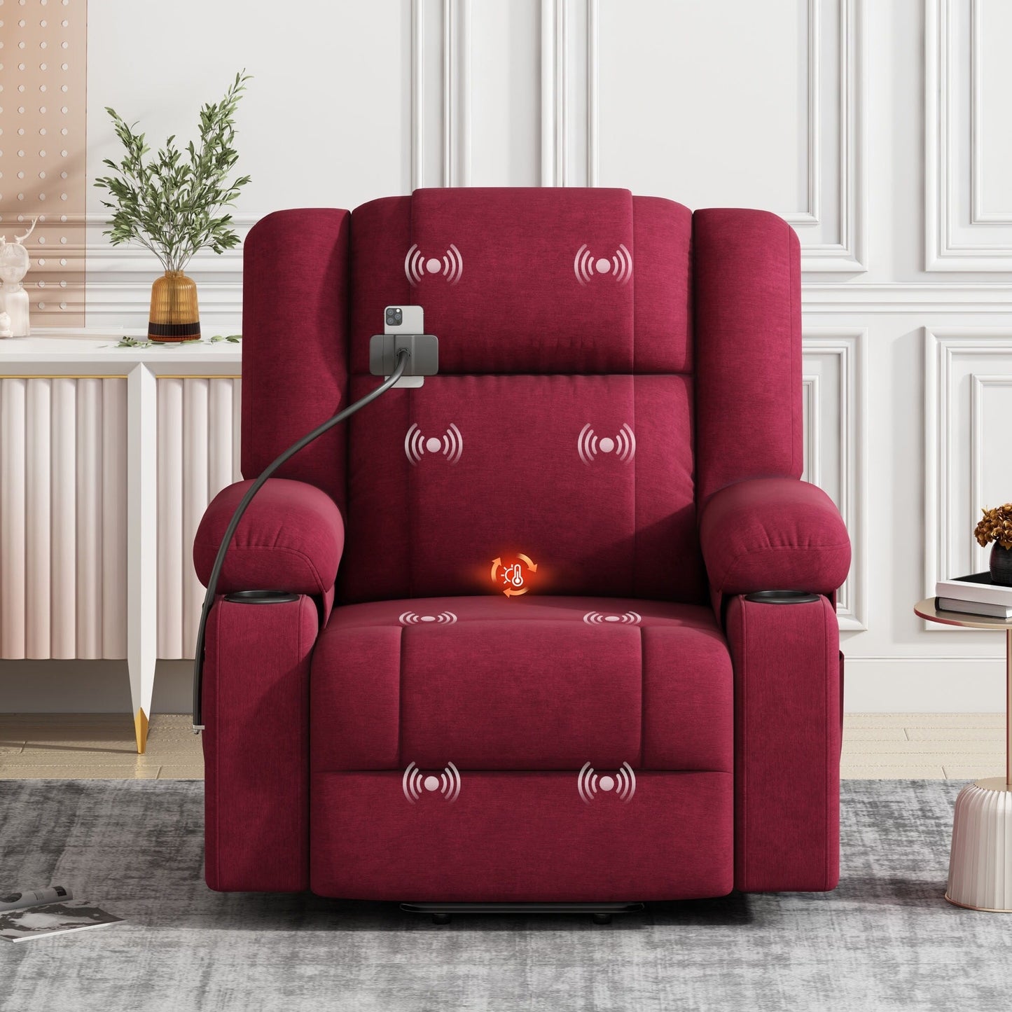 Electric Lift Recliner featuring Massage, Heating, Cup Holders & 360Â° Swivel Phone Stand with Adjustable Recline