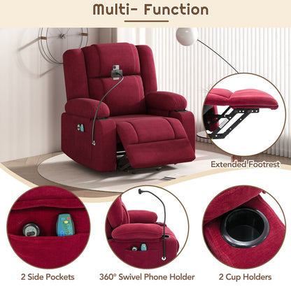 Electric Lift Recliner featuring Massage, Heating, Cup Holders & 360Â° Swivel Phone Stand with Adjustable Recline
