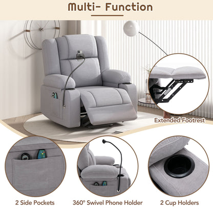 Electric Lift Recliner featuring Massage, Heating, Cup Holders & 360Â° Swivel Phone Stand with Adjustable Recline