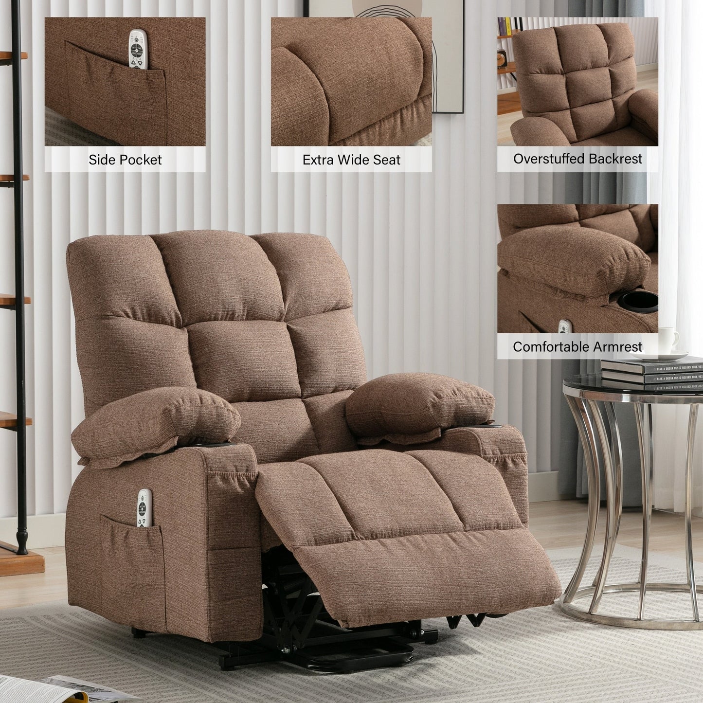 Electric Lift Recliner with Heating, Massage Therapy, USB Charging, and Handy Storage Pockets