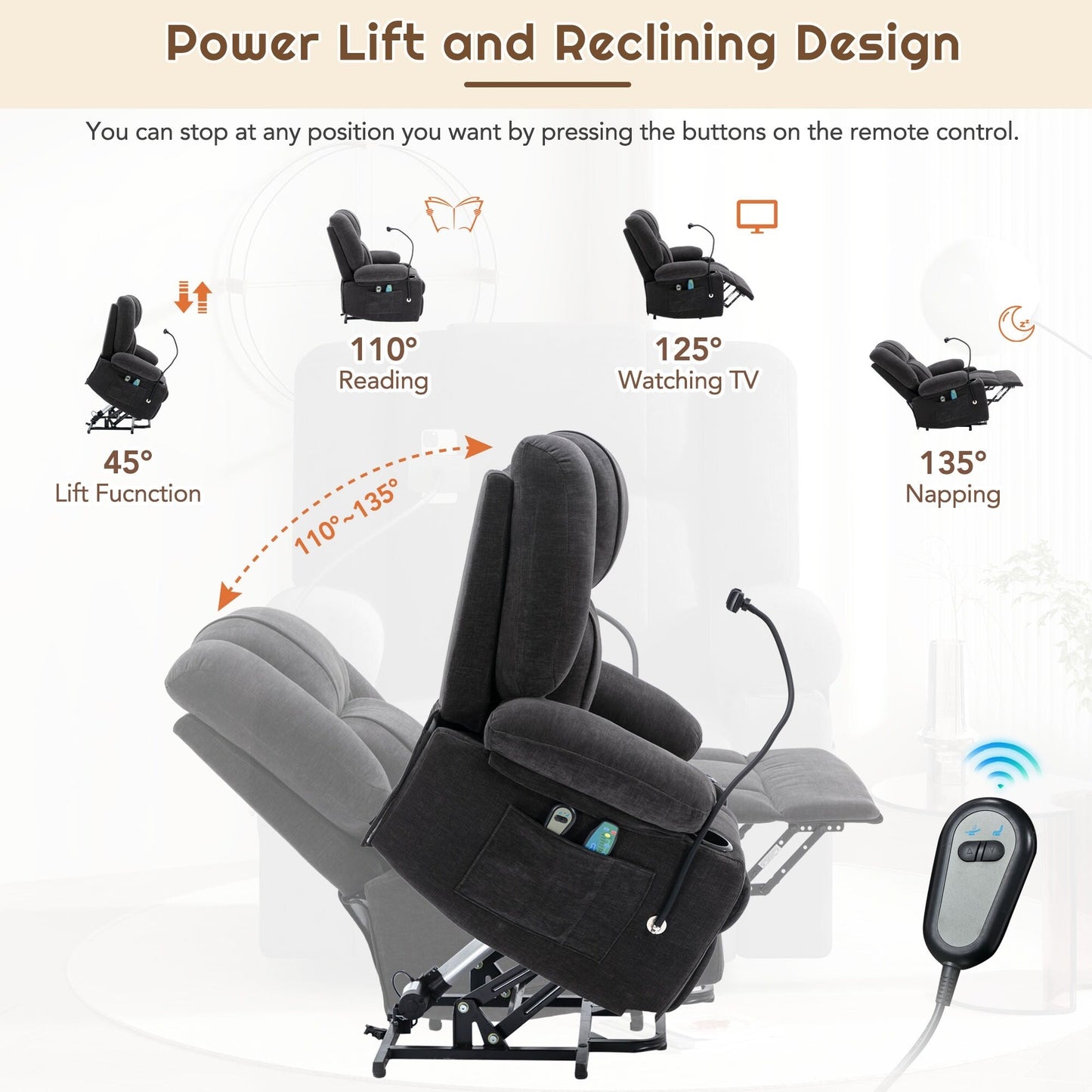 Electric Lift Recliner with Massage, Heating, Cup Holders & 360° Swivel Phone Stand, Adjustable Recline