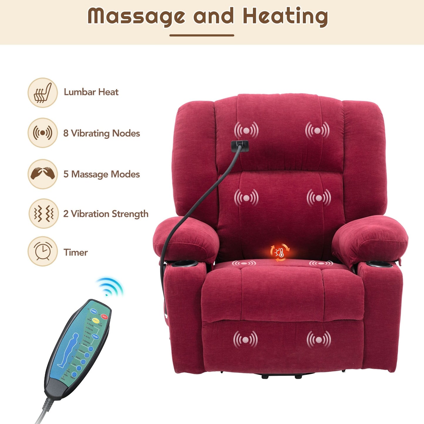 Electric Lift Recliner with Massage, Heating, Cup Holders & 360° Swivel Phone Stand, Adjustable Recline