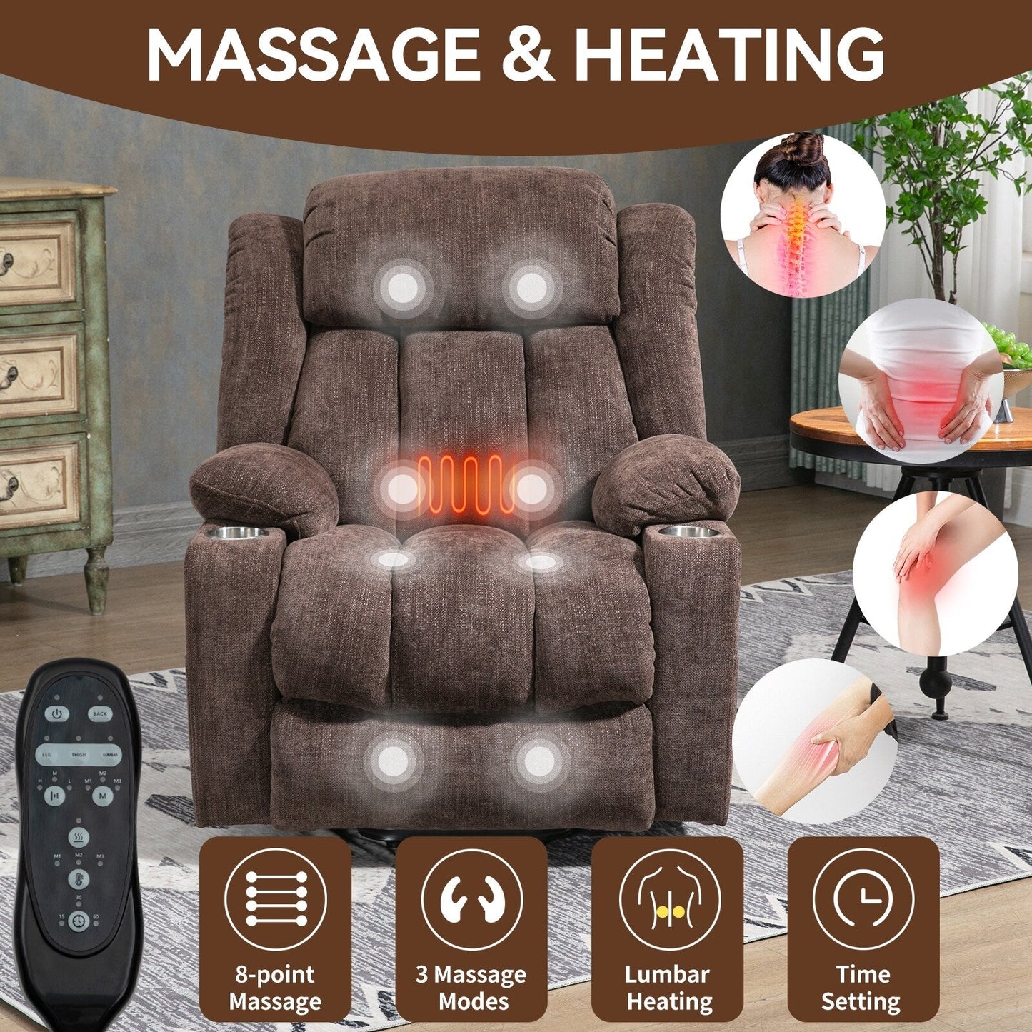 Electric Lift Recliner with Targeted Massage, Lumbar Heating, Dual USB Charging, and Stainless Steel Cup Holders