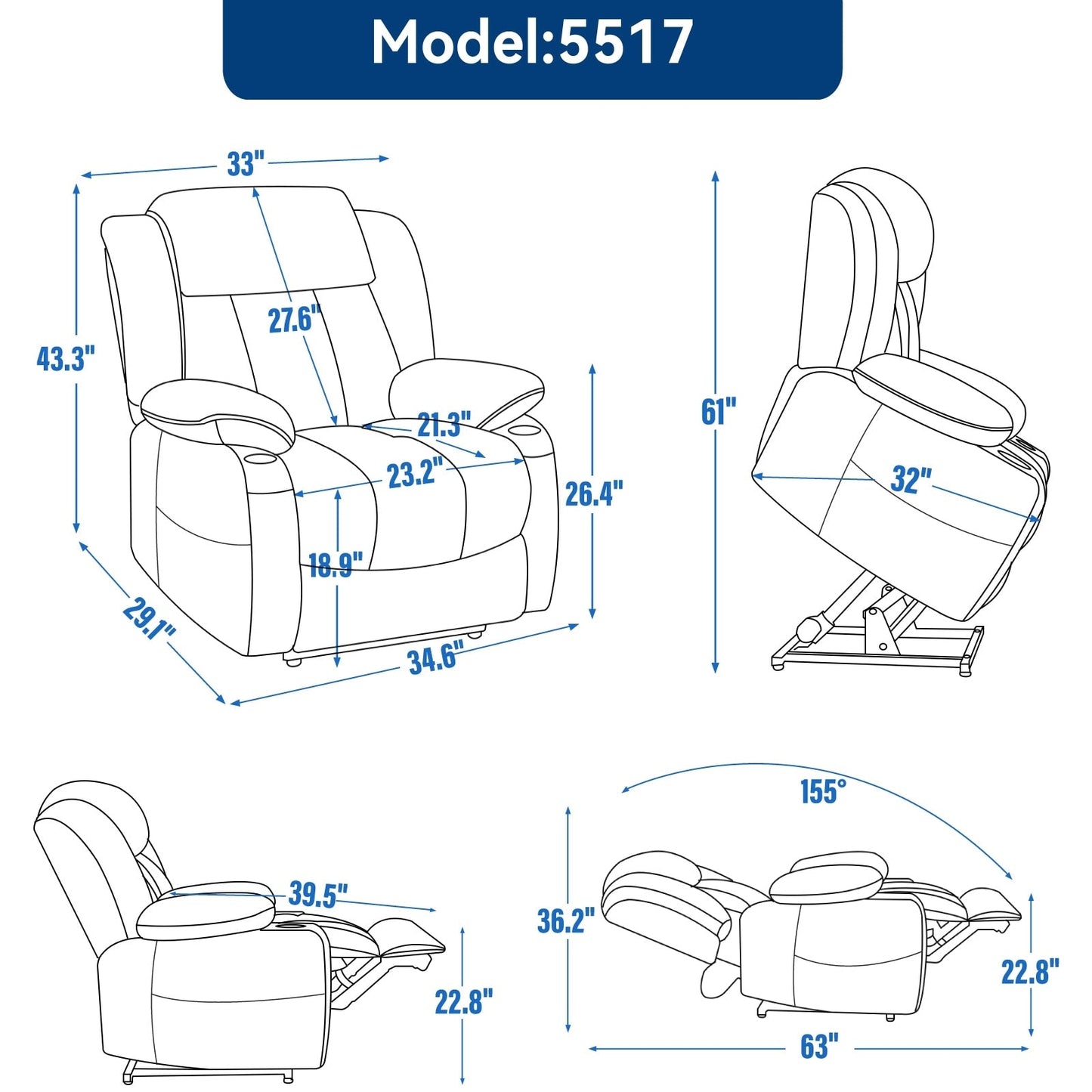 Electric Lift Recliner with Targeted Massage, Lumbar Heating, Dual USB Charging, and Stainless Steel Cup Holders