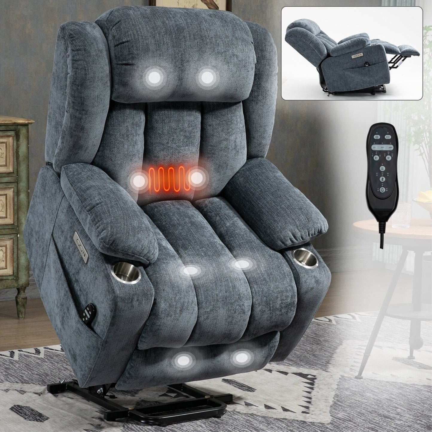 Electric Lift Recliner with Targeted Massage, Lumbar Heating, Dual USB Charging, and Stainless Steel Cup Holders