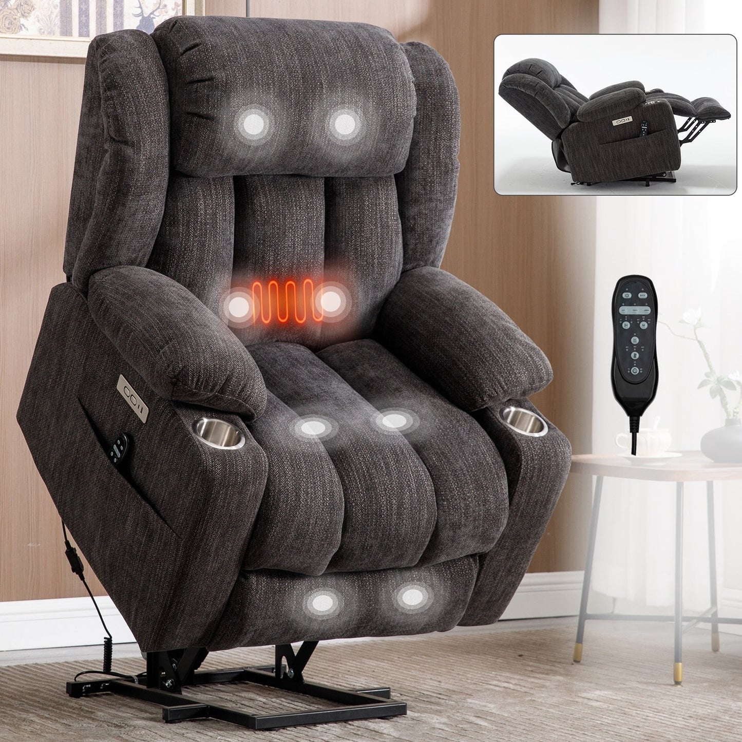 Electric Lift Recliner with Targeted Massage, Lumbar Heating, Dual USB Charging, and Stainless Steel Cup Holders