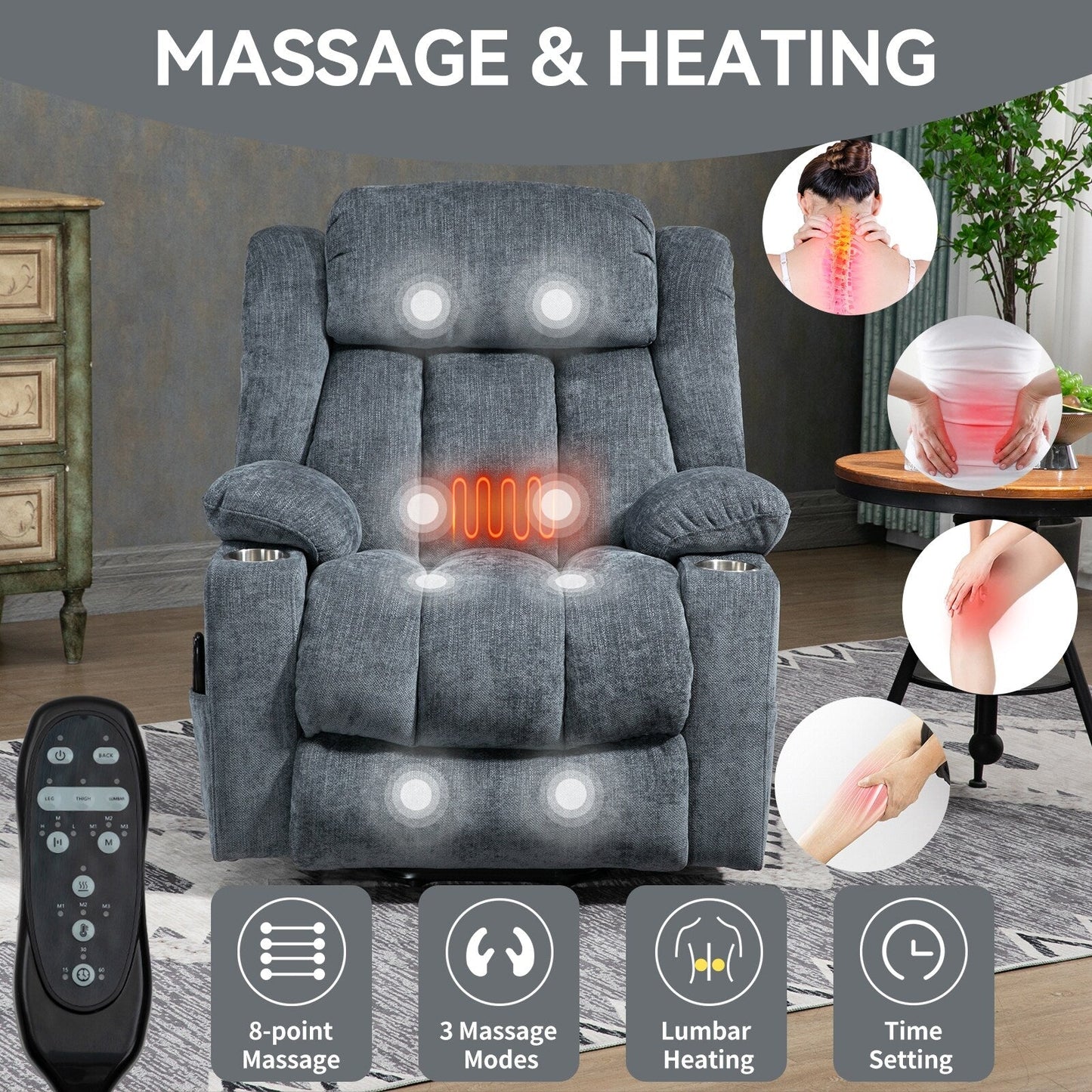 Electric Lift Recliner with Targeted Massage, Lumbar Heating, Dual USB Charging, and Stainless Steel Cup Holders