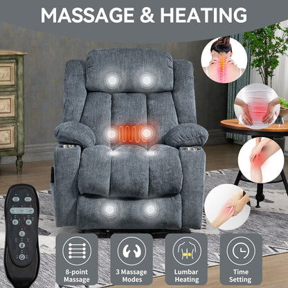 Electric Lift Recliner with Targeted Massage, Lumbar Heating, Dual USB Charging, and Stainless Steel Cup Holders