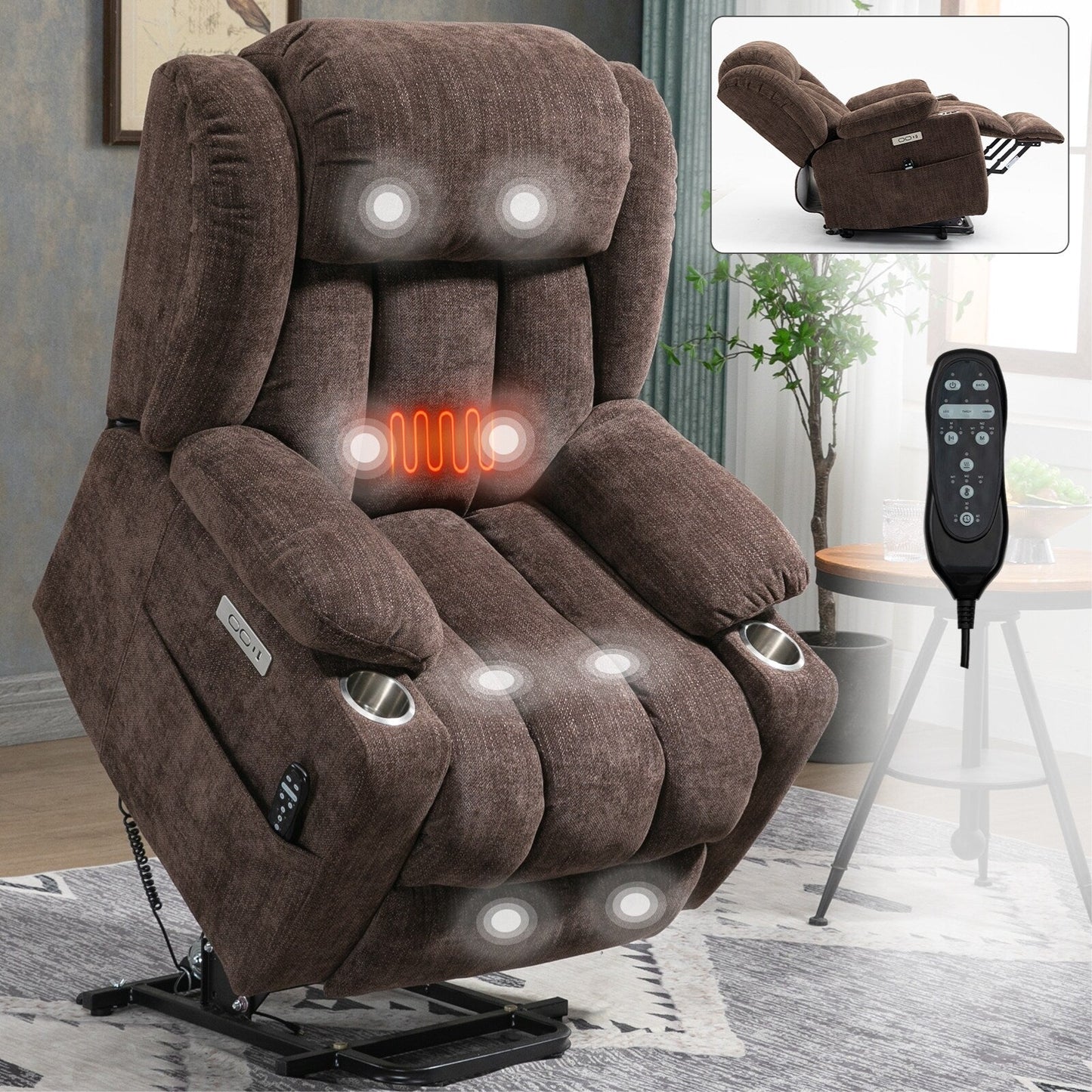 Electric Lift Recliner with Targeted Massage, Lumbar Heating, Dual USB Charging, and Stainless Steel Cup Holders