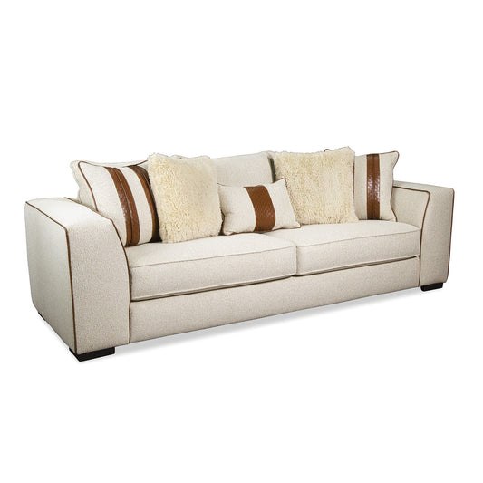 Elize Sofa with 5 Accent Pillows, 91 Inch, Solid Wood, Brown, Beige Boucle