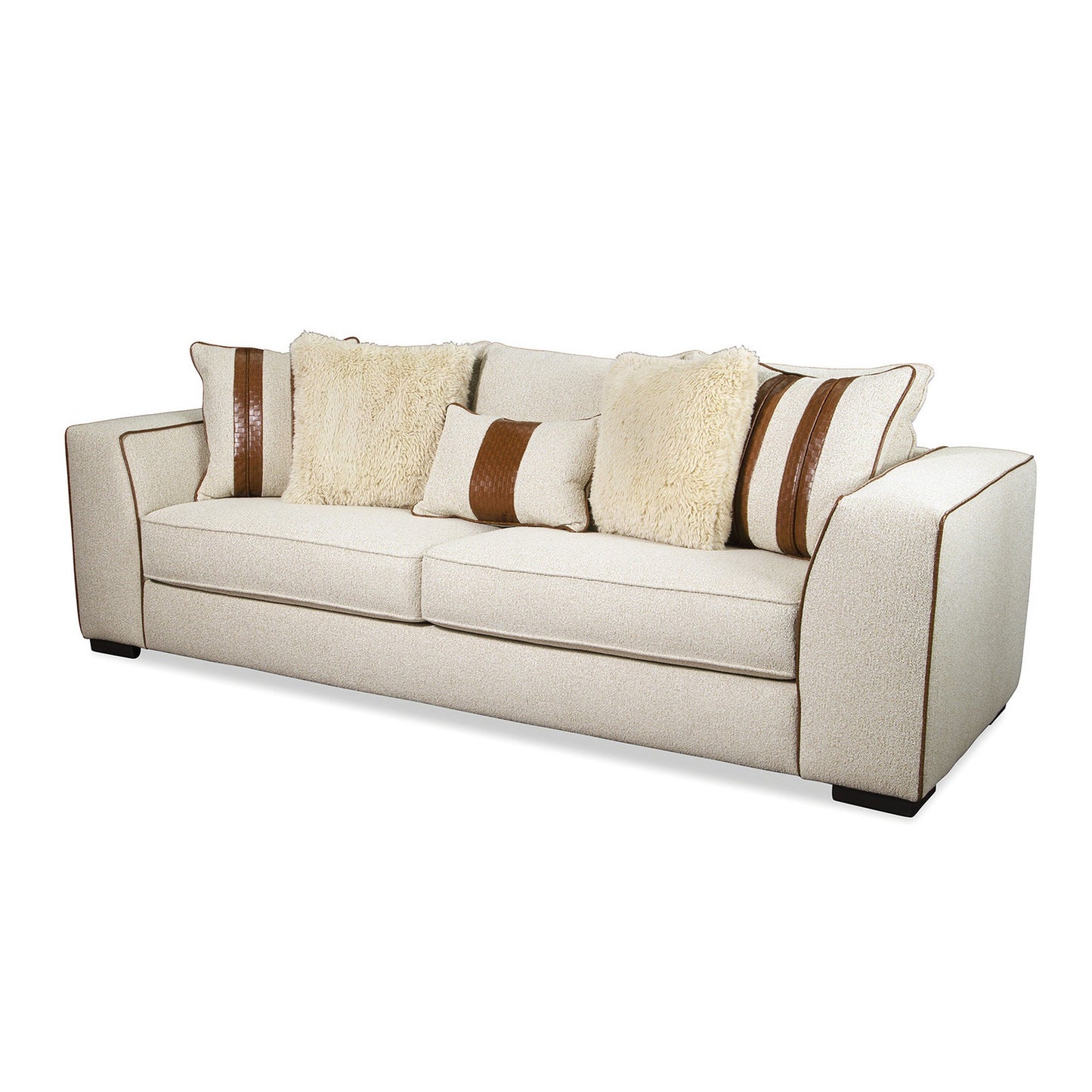 Elize Sofa with 5 Accent Pillows, 91 Inch, Solid Wood, Brown, Beige Boucle