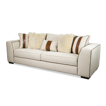 Elize Sofa with 5 Accent Pillows, 91 Inch, Solid Wood, Brown, Beige Boucle