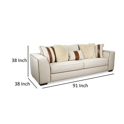 Elize Sofa with 5 Accent Pillows, 91 Inch, Solid Wood, Brown, Beige Boucle